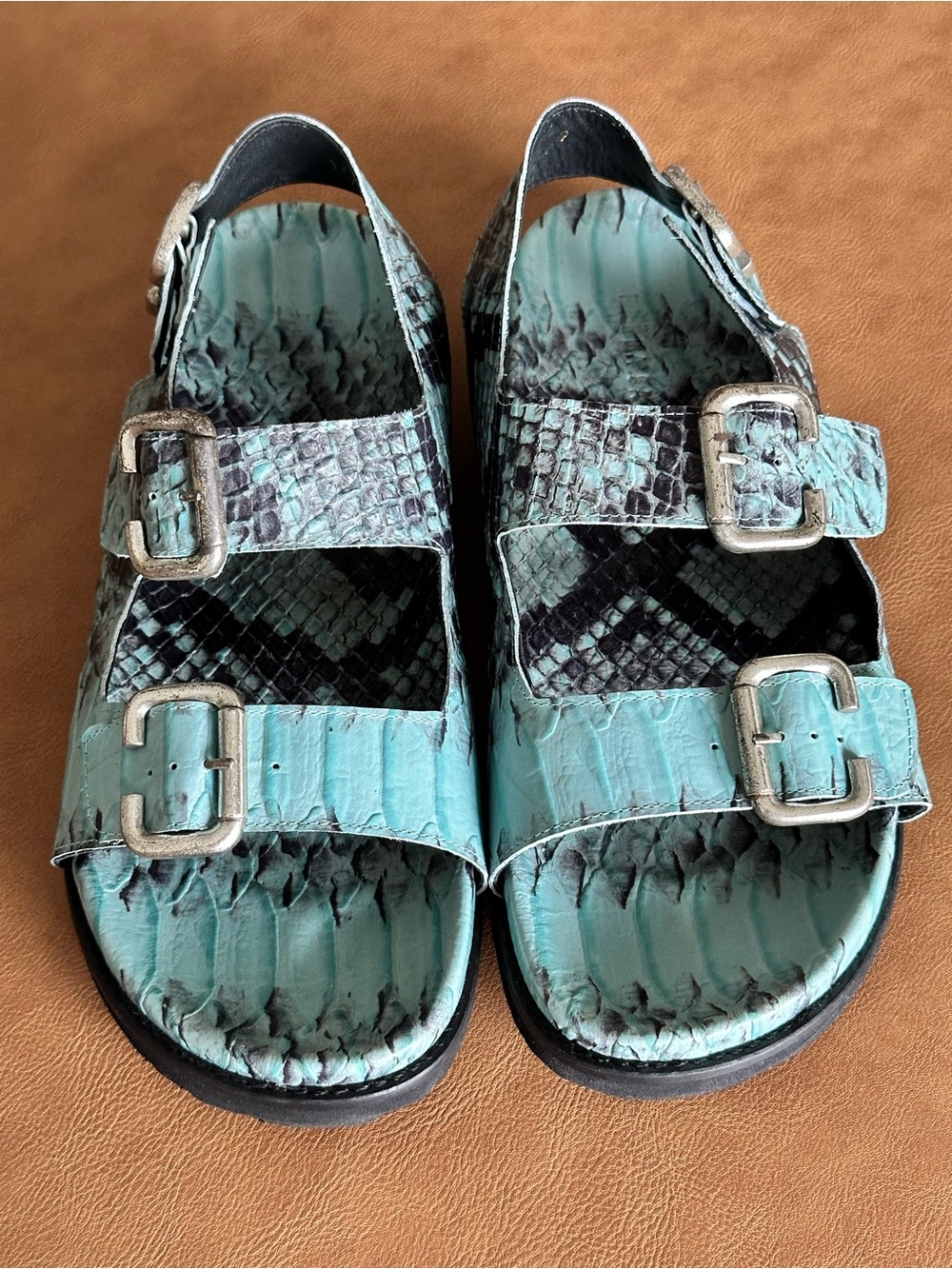 Freda Salvador Piper Sandals Size 9 Blue Turquoise Python Print - Picture 2 of 7